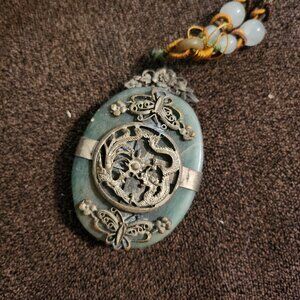 Antique Chinese Jade green Peking glass & fine brass filigree pendant appropriat